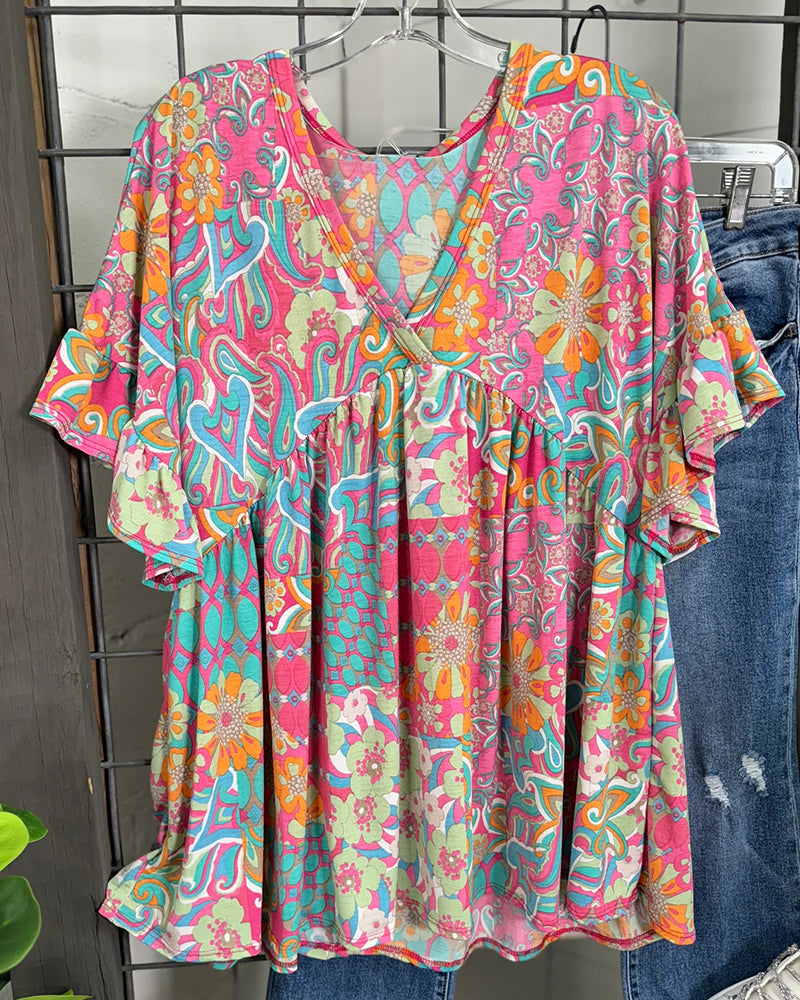 Colorful short-sleeved blouse