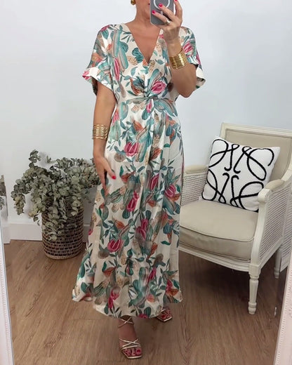 Botanical print v-neck twist elegant dress