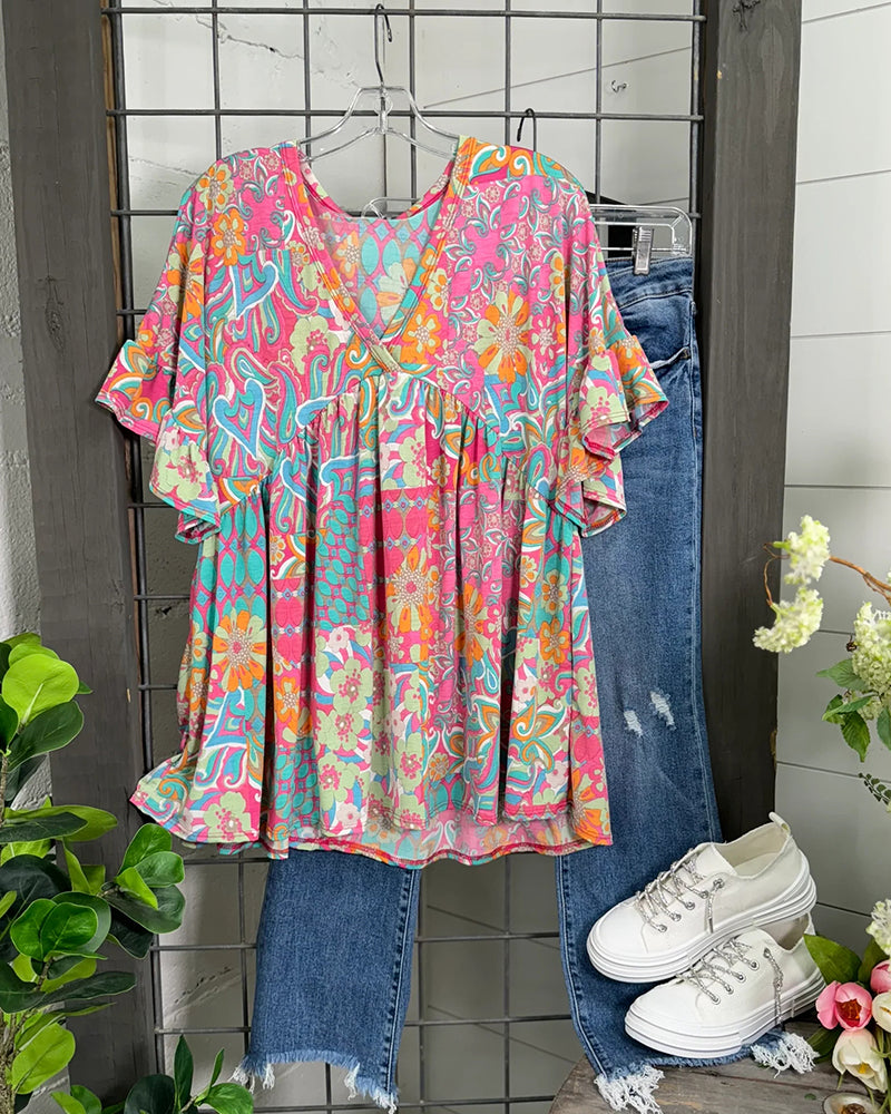 Colorful short-sleeved blouse