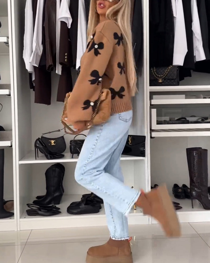 Bow beaded lace-up cardigan