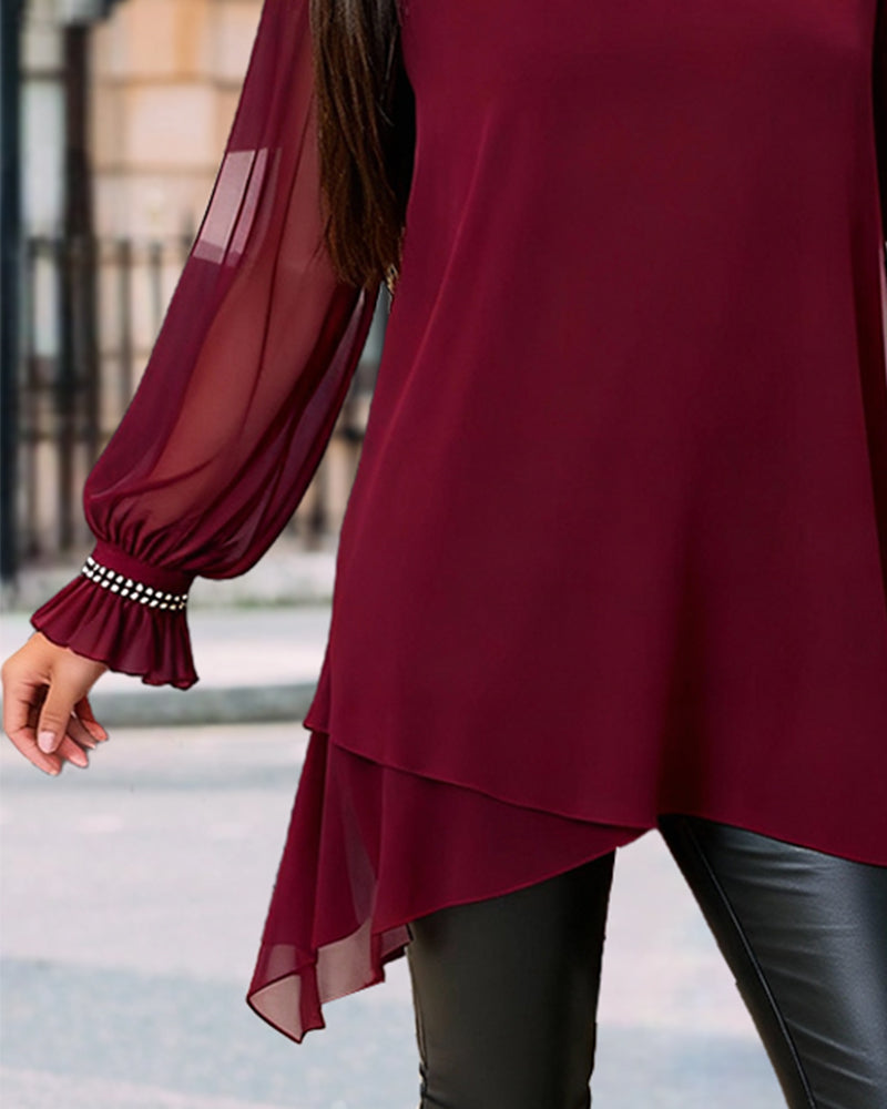 Beaded Puff Sleeve Crew Neck Blouse