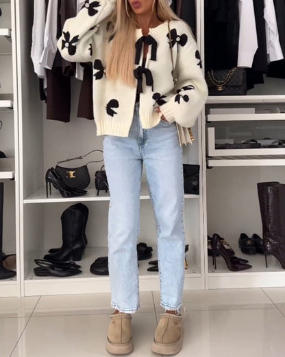 Bow beaded lace-up cardigan