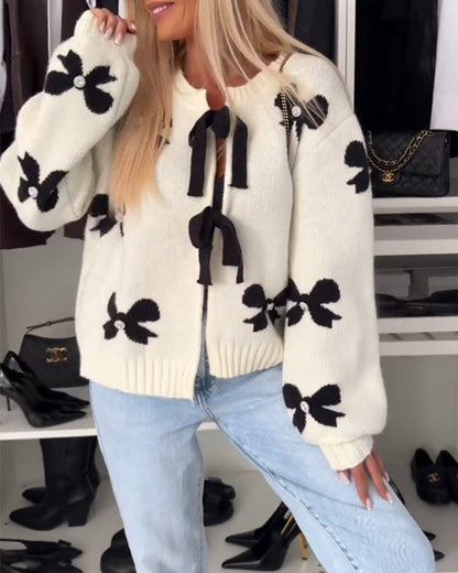 Bow beaded lace-up cardigan