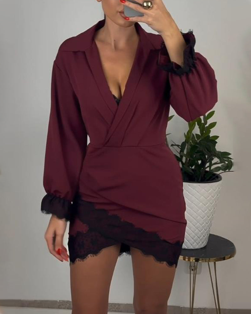 Asymmetric Lace Paneled V-Neck Dress