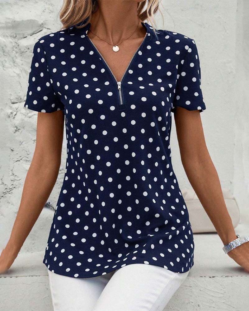 Polka dot zippered blouse