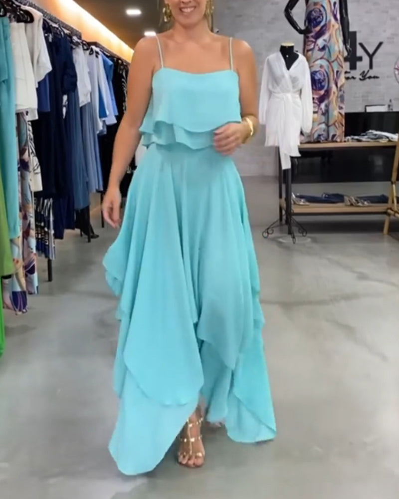 Elegant ruffled patchwork straps long dress