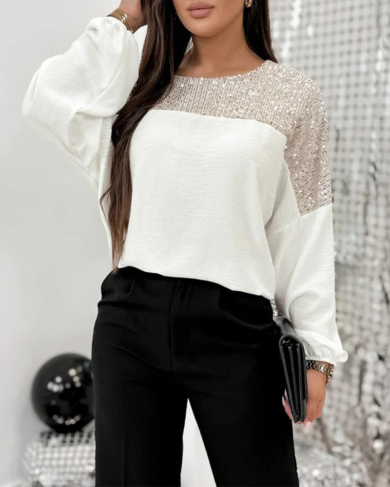 Batwing Sleeve Sequined Patchwork Top