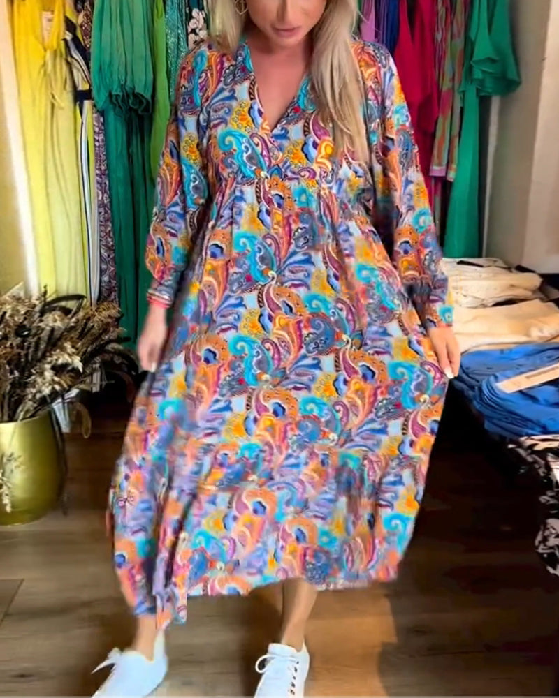 Colorful paisley print V-neck elegant dress