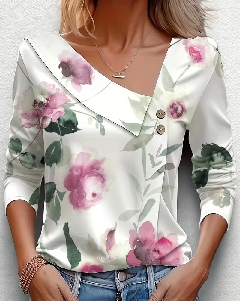 Asymmetrical Printed Long-Sleeved Blouse