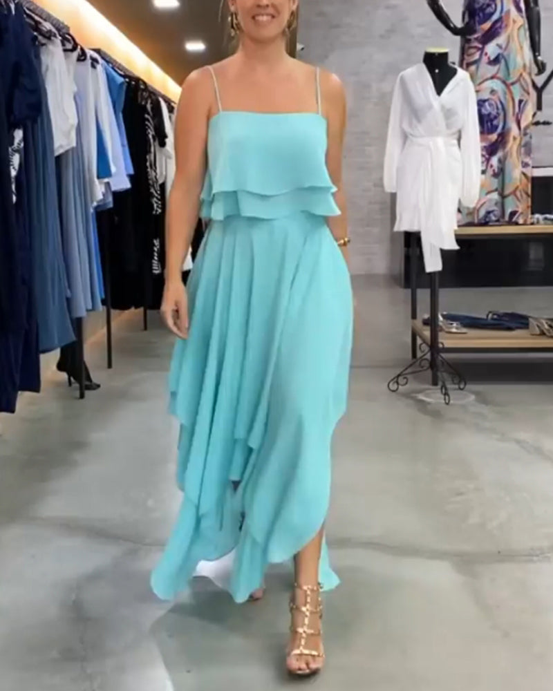 Elegant ruffled patchwork straps long dress