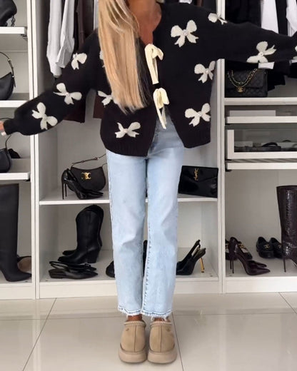 Bow beaded lace-up cardigan