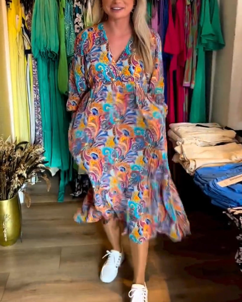 Colorful paisley print V-neck elegant dress