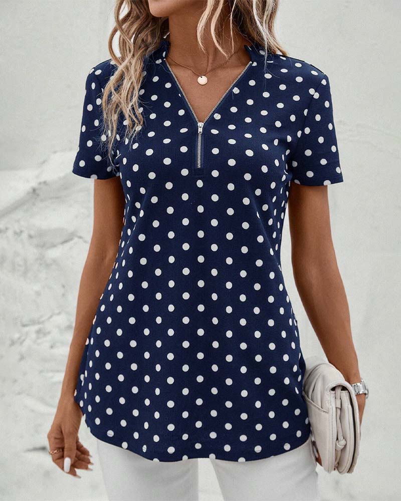 Polka dot zippered blouse