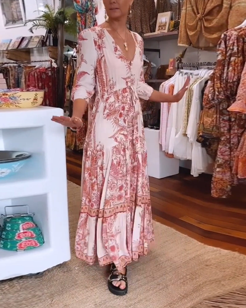 3/4 sleeves deep V-neck printed dress