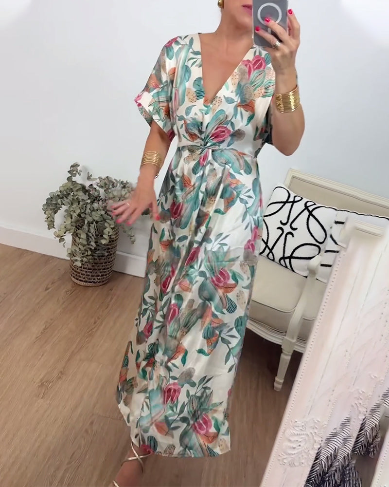 Botanical print v-neck twist elegant dress