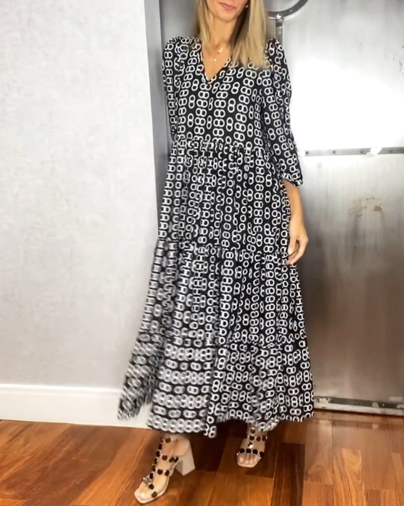 Geometric print V-neck elegant long dress
