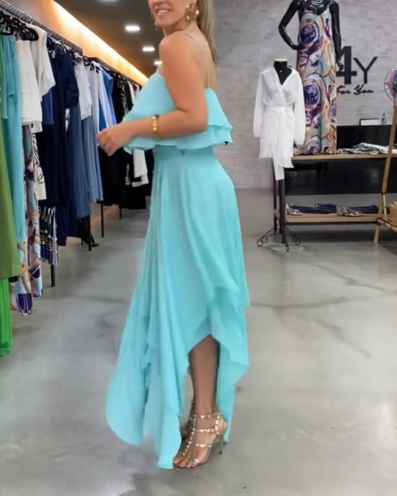 Elegant ruffled patchwork straps long dress