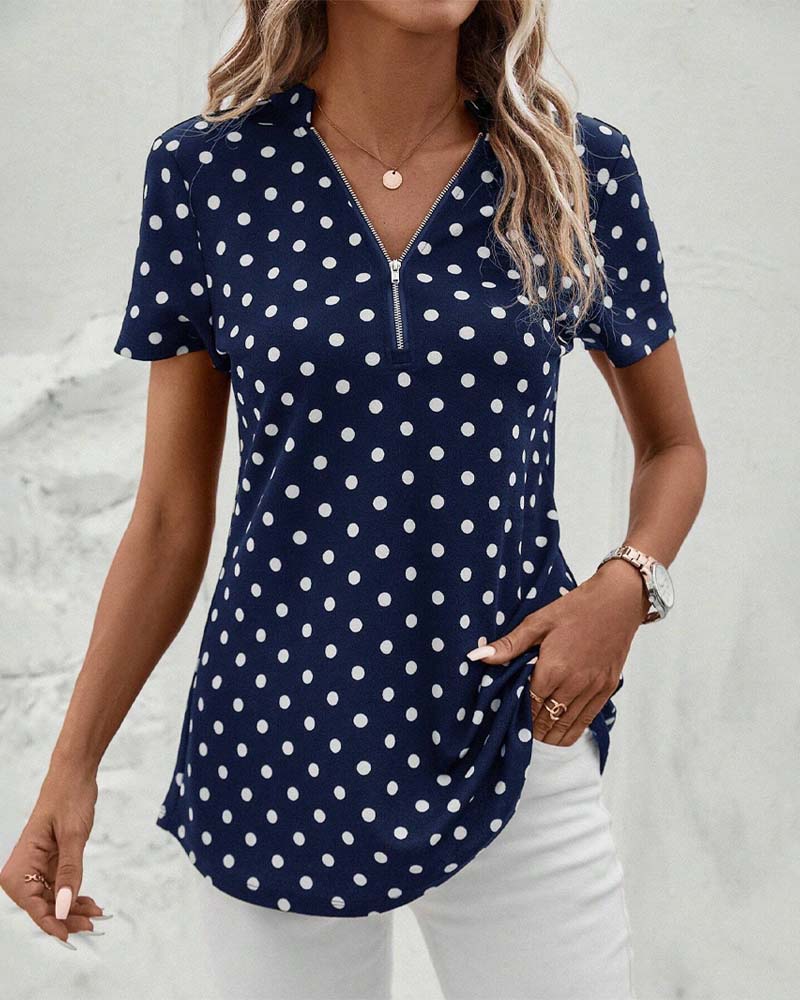 Polka dot zippered blouse