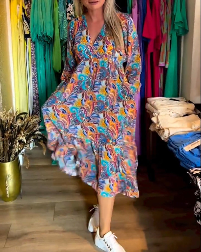 Colorful paisley print V-neck elegant dress