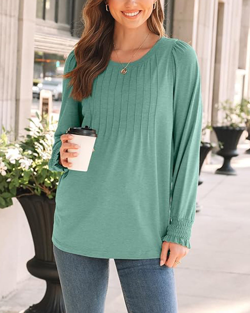 Balloon Sleeve Crewneck Pleated Top