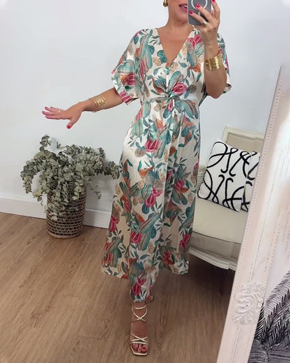 Botanical print v-neck twist elegant dress