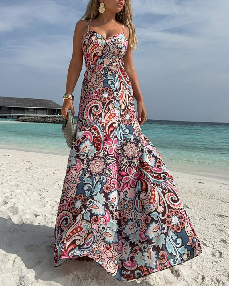 Beach Vacation Printed Sling Dress