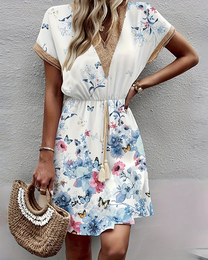 Butterfly print lace v-neck dress