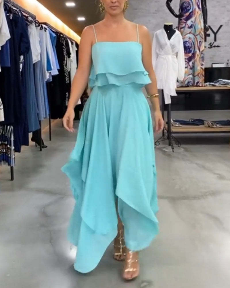 Elegant ruffled patchwork straps long dress