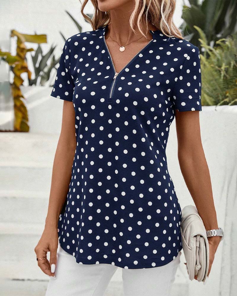 Polka dot zippered blouse