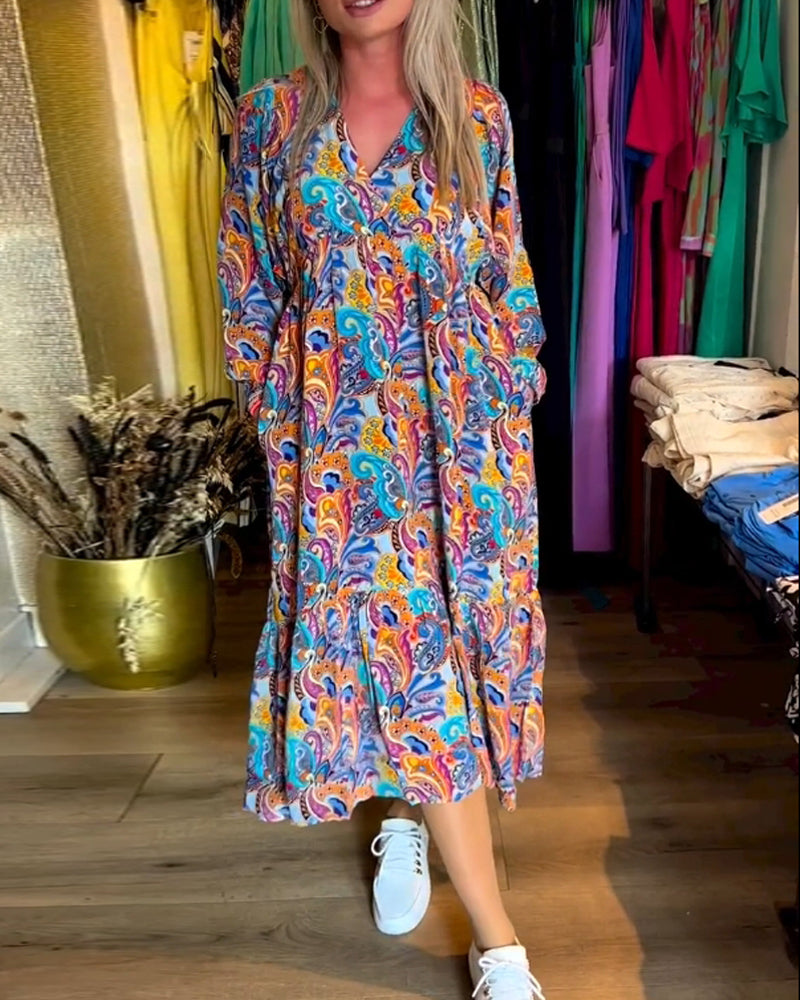 Colorful paisley print V-neck elegant dress