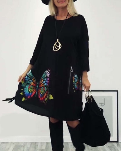 Butterfly print pocket long sleeve dress